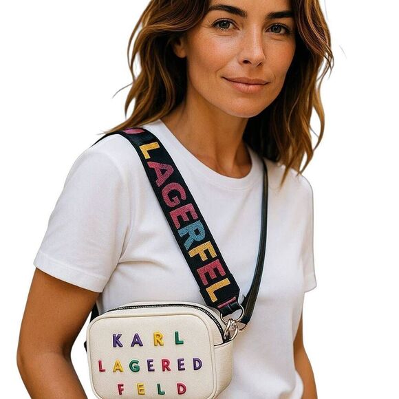 Karl Lagerfeld Colorful Lettered White Crossbody Bag w/ Signature Guitar Strap - Picture 2 of 12